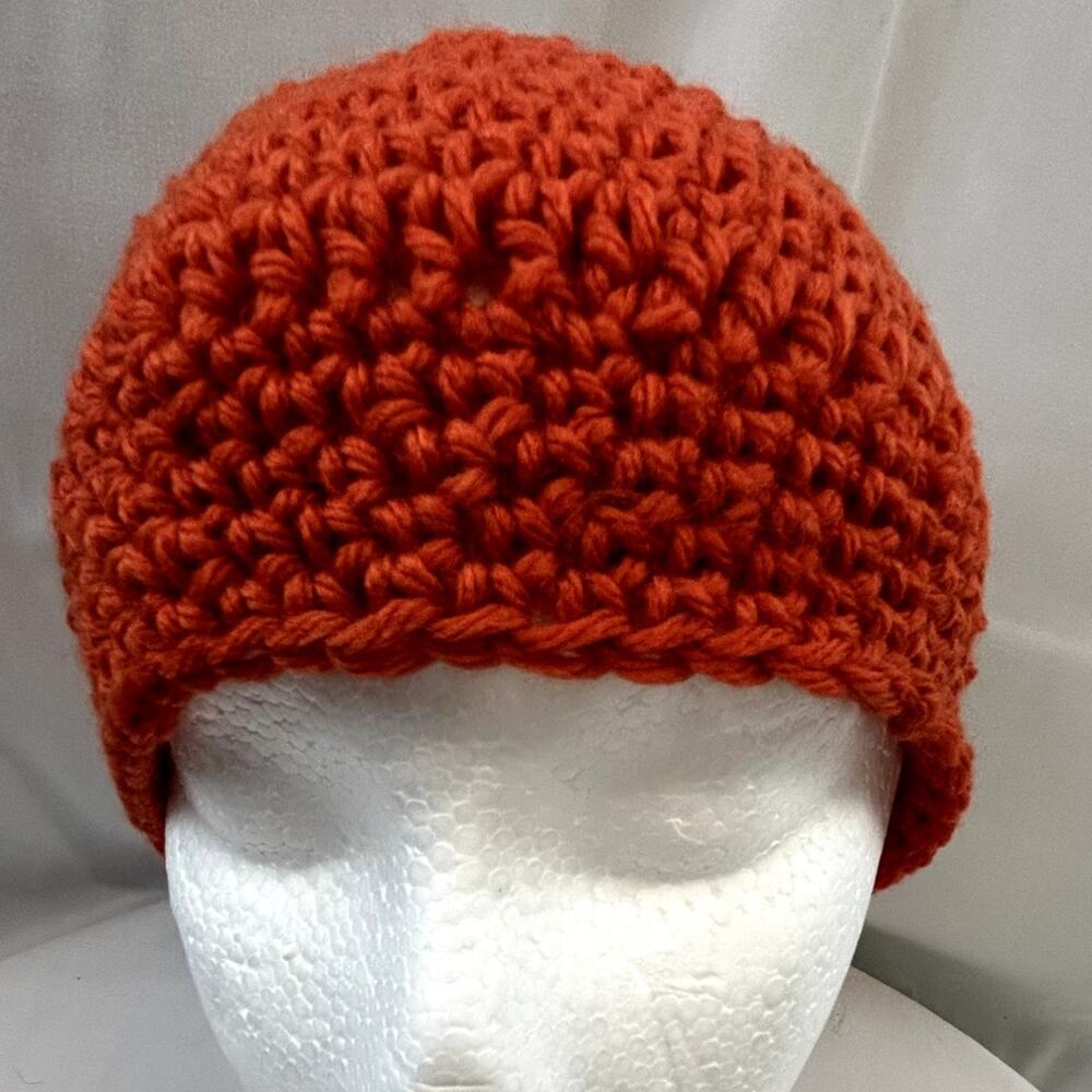 SKU 2180 Handmade Hand Crocheted Bright Orange Beanie Cap Hat 9x7" Unisex NWOT